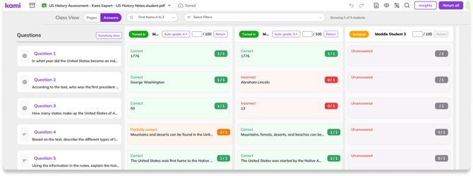 Image of Kami Class View displaying columns of questions and rows of student responses.
