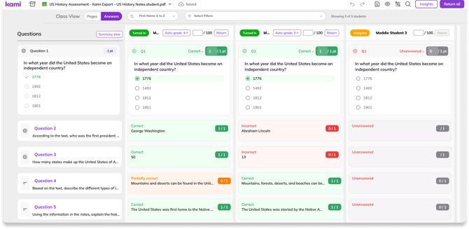 Image of Kami Class View displaying columns of questions and rows of student responses, with the top row expanded to show the question text and answers in full.