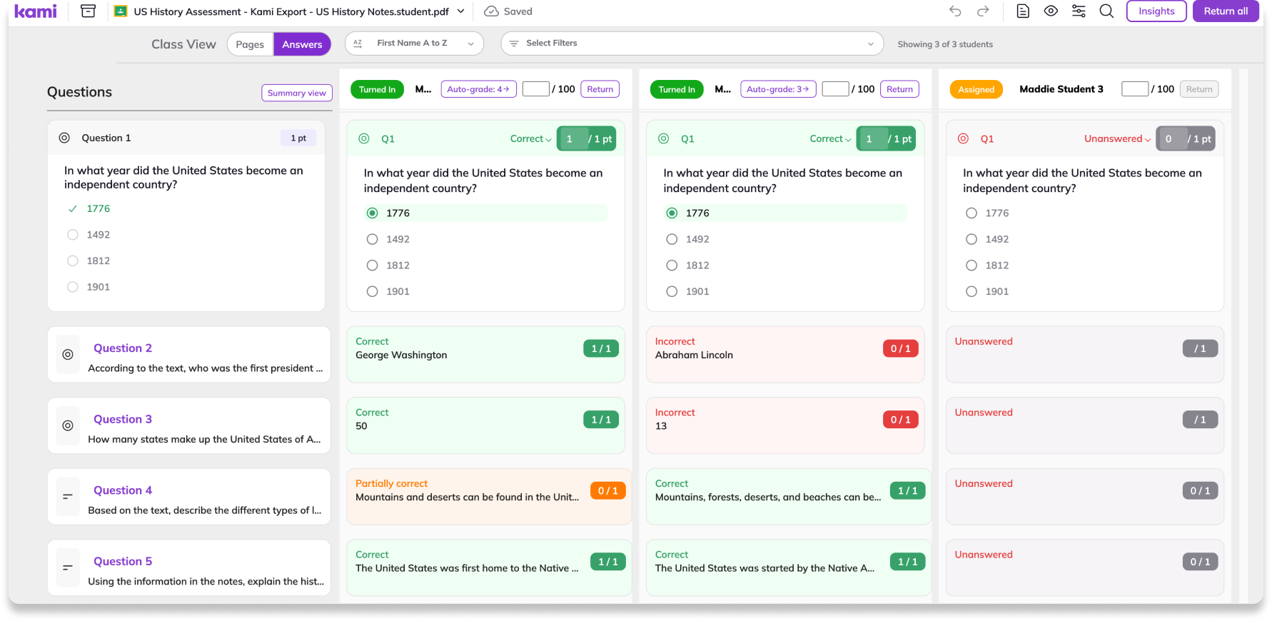 Image of Kami Class View displaying columns of questions and rows of student responses, with the top row expanded to show the question text and answers in full.