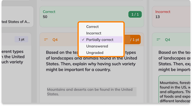 Image of Kami Class View displaying a question with the grading drop down opened, displaying the following options: Correct, Incorrect, Partially correct, Unanswered, Ungraded.