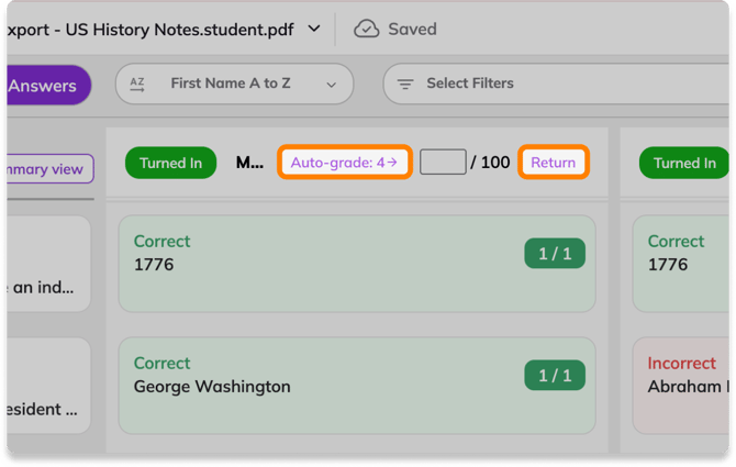 Image of Kami Class View with the Auto-Grade and Return buttons highlighted.