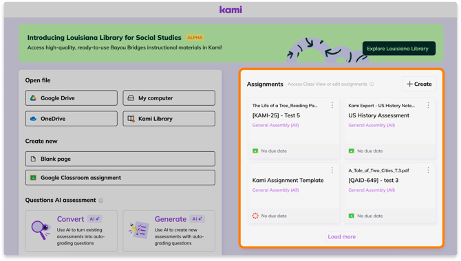 Class View assignments in the Kami Dashboard